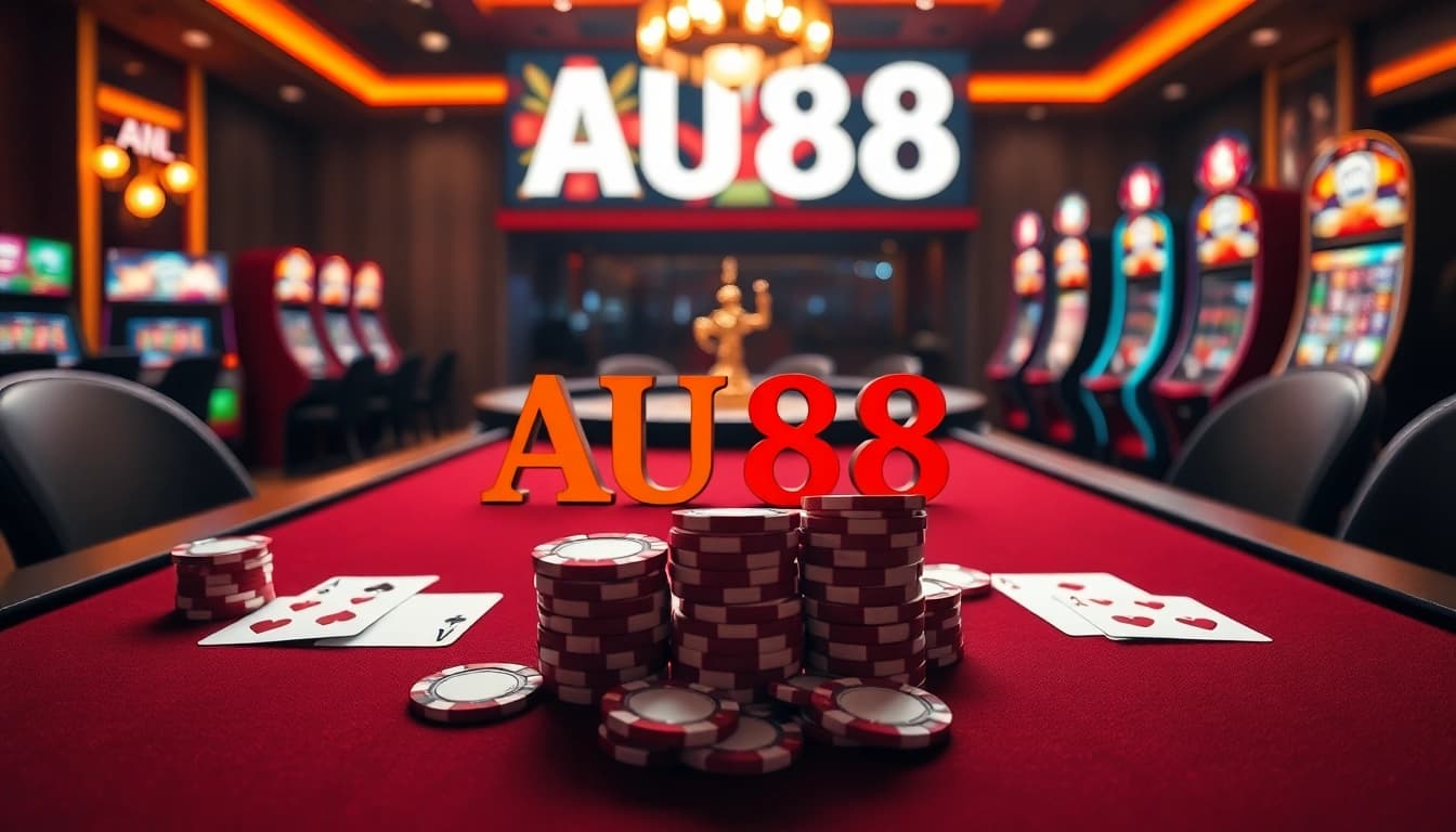 Play poker with stylish AU88 chips and cards in a luxurious online casino setting.