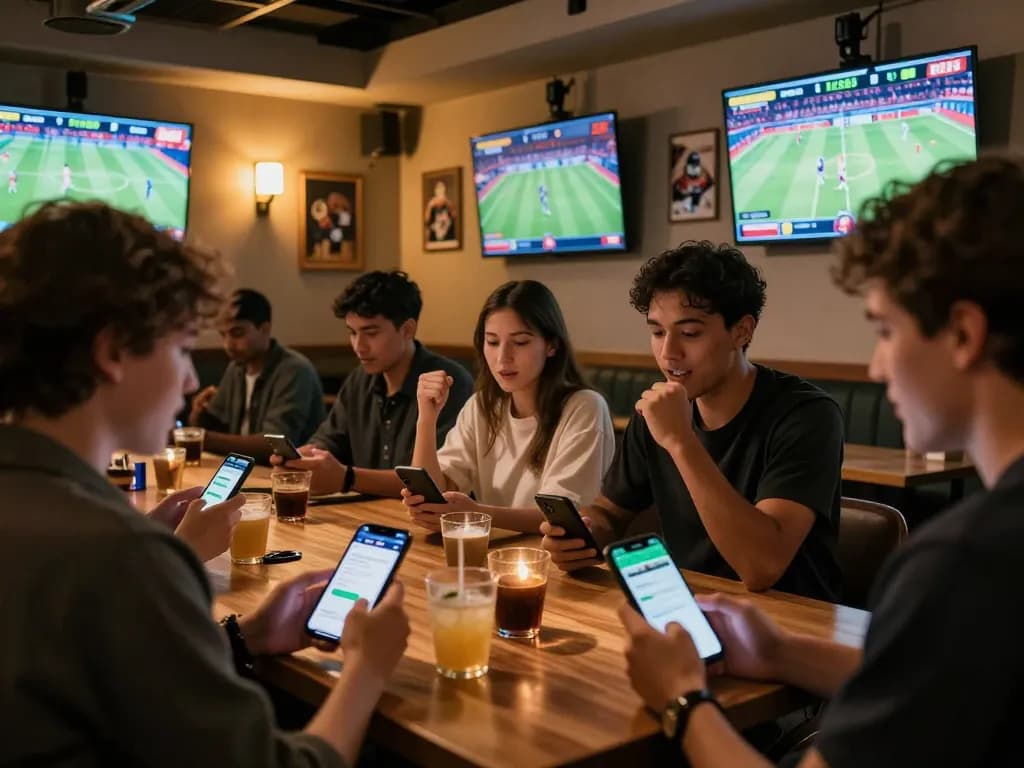 Friends strategizing their bets with the FIVE88 app in lively sports betting lounge