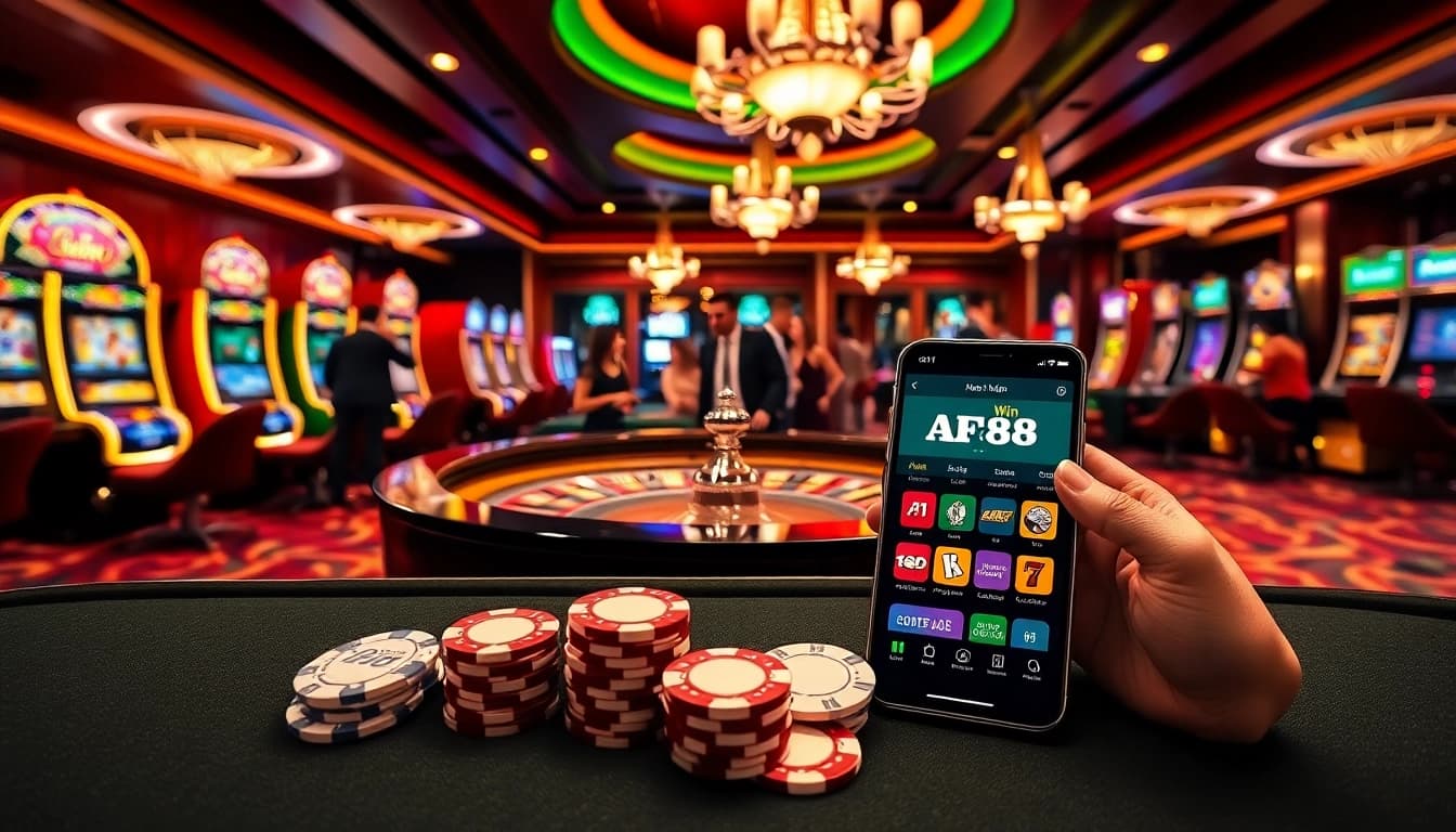 AF88 win excitement and luxury in a vibrant casino scene with roulette and slot machines.