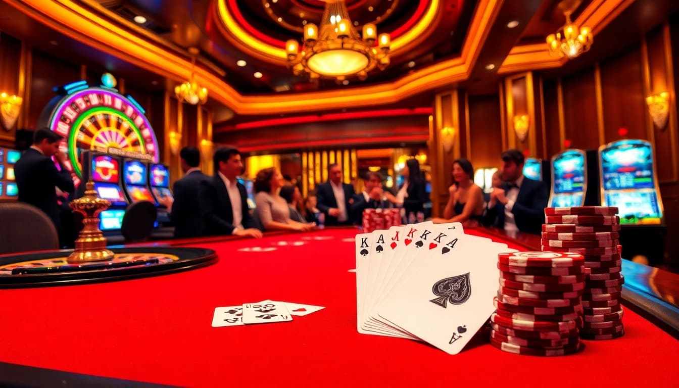 A vibrant casino scene depicting a poker game with players engaged at the table, featuring fabet3.com poker chips and cards.