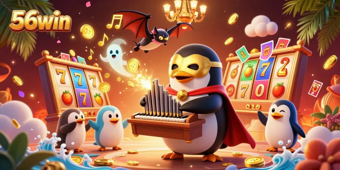 Experience thrilling gameplay with 56win as a cartoon penguin plays a golden organ, launching coins.