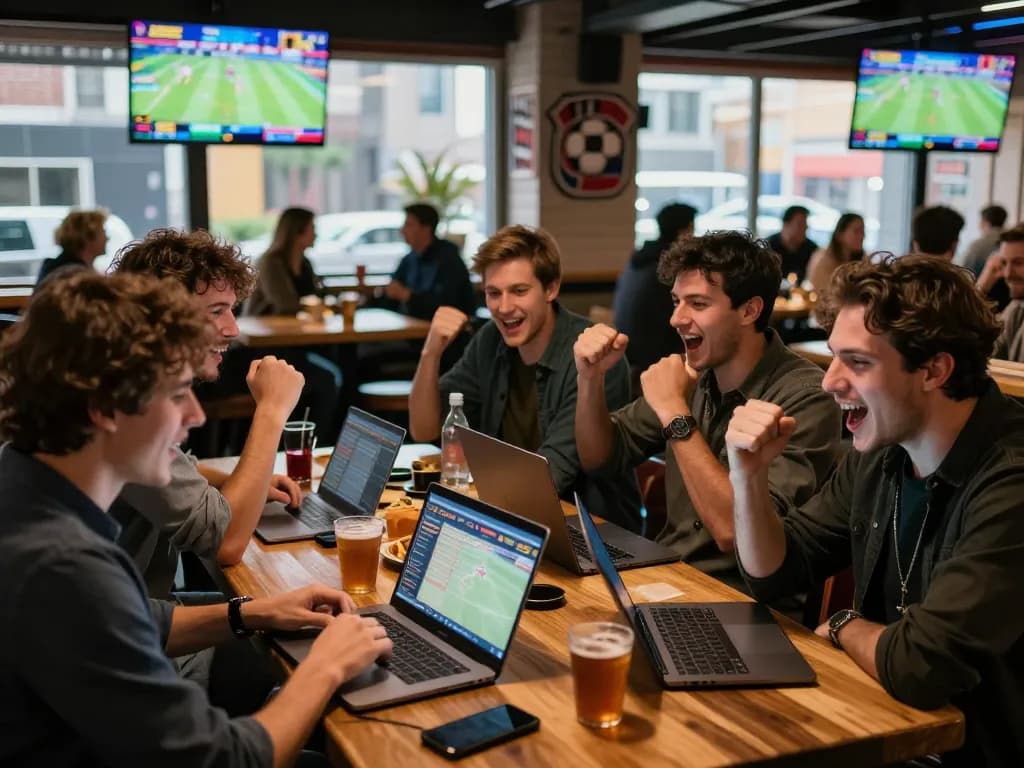 Soi kèo at a lively sports bar with friends actively placing bets on live sports events