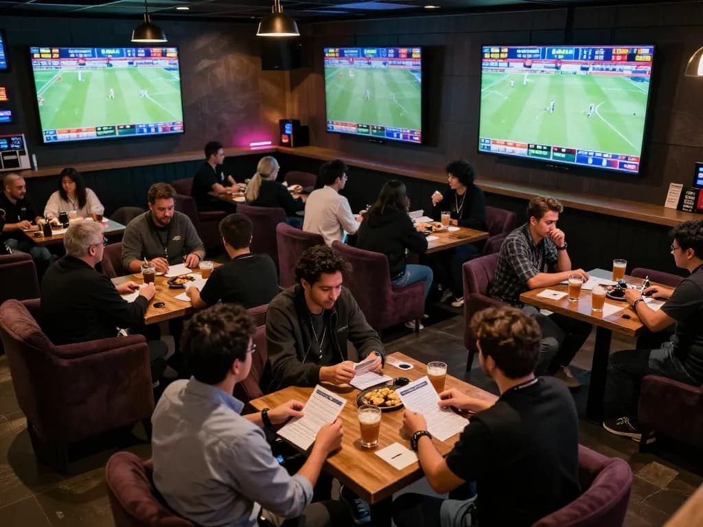 Enthusiastic bettors analyzing ty le keo nha cai 5 in a vibrant sports betting lounge with live matches.
