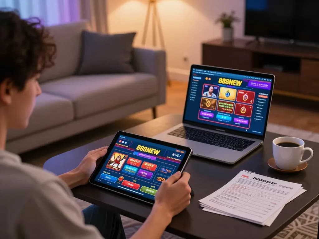 Engaged player using 888NEW on a tablet in a cozy home setting for strategic gaming