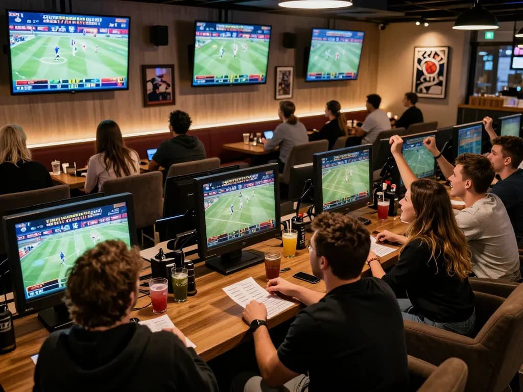 Engaged bettors celebrating a win in a vibrant sports betting lounge, showcasing keo nha cai 5 among screens and fans.