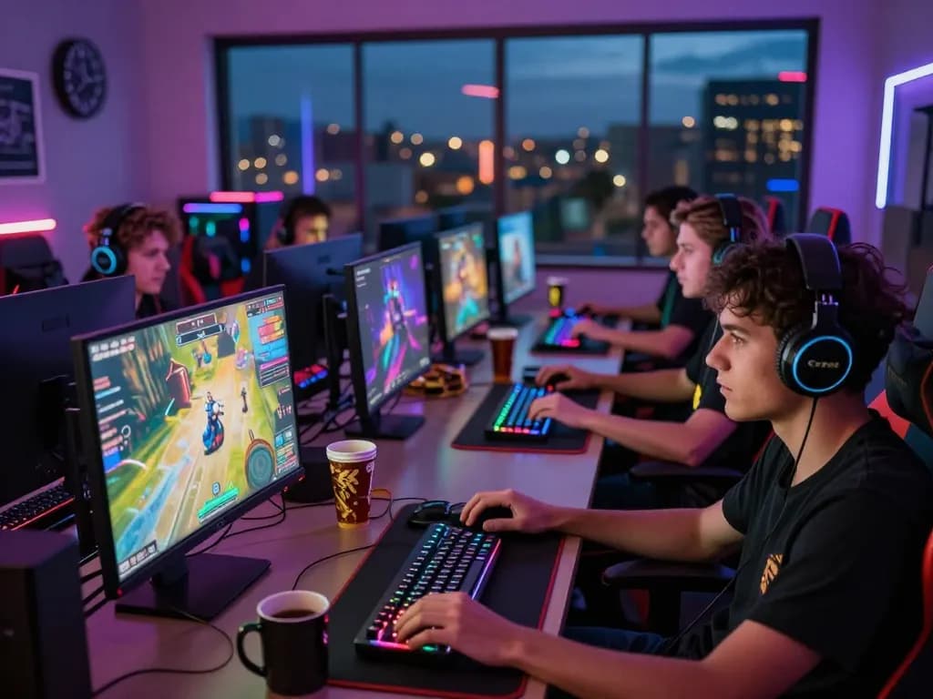32win players enjoying an immersive online gaming experience in a vibrant, neon-lit environment