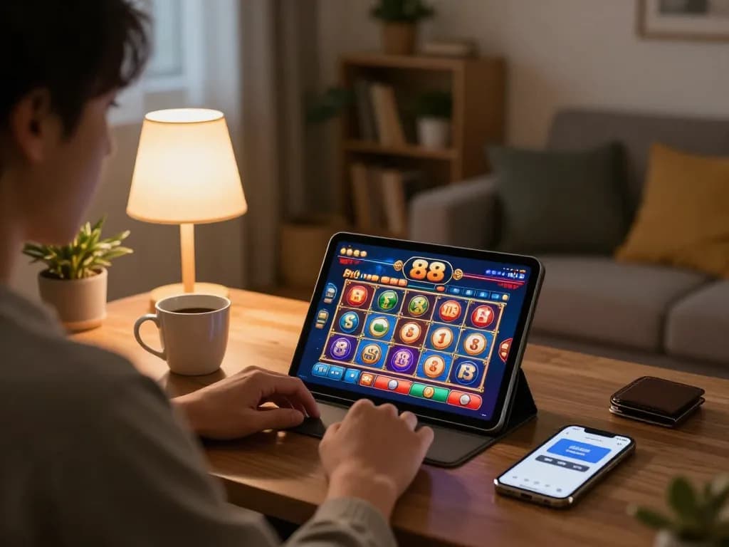 An engaged user playing on go 88 online casino at home, showcasing vibrant slot games on tablet.