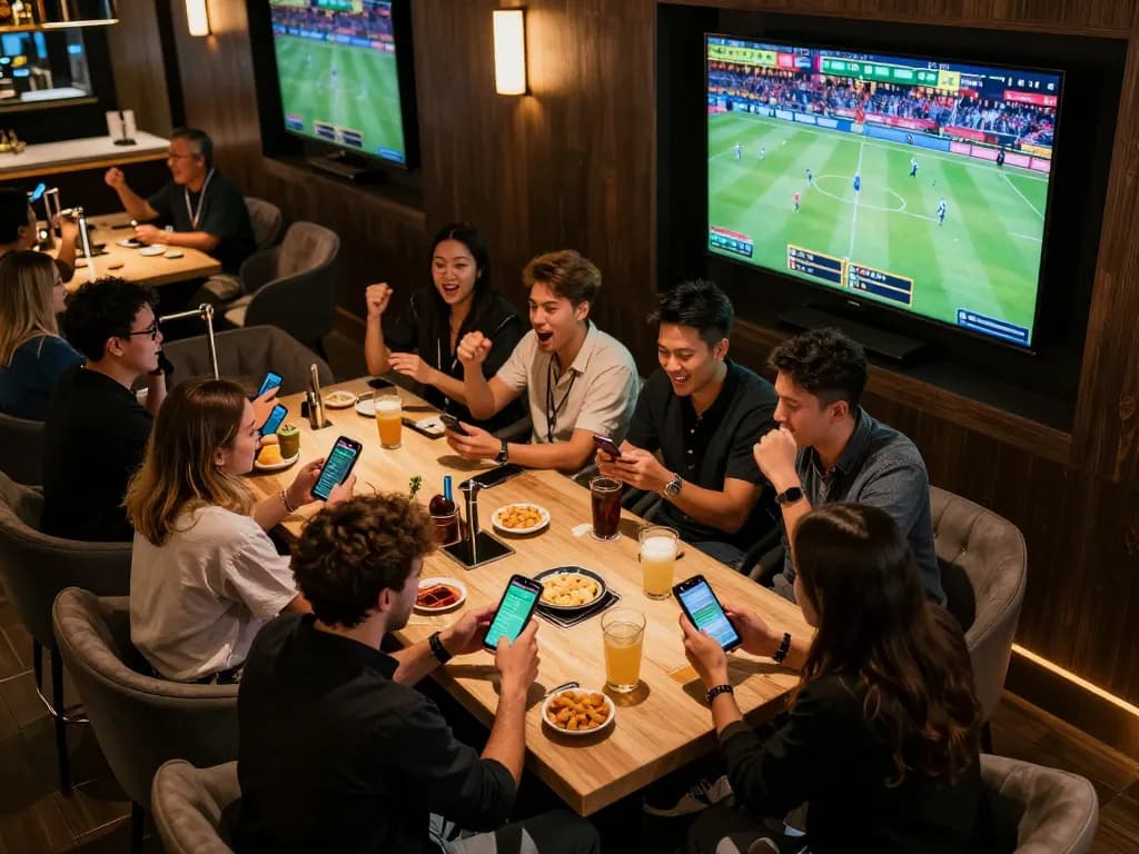 Engaging sports betting scene with friends excitedly placing wagers using 33WIN app