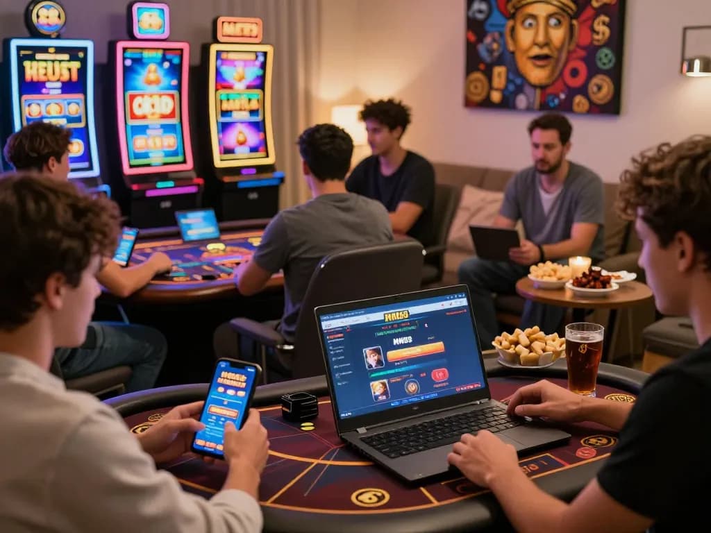 Players enjoying games on the MM88 online casino platform in a lively home setting.