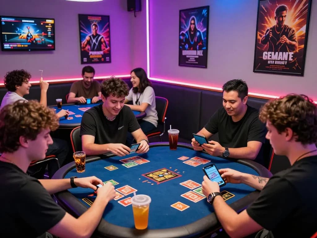 Players enjoying Game bài in a lively gaming lounge with neon lights and refreshments.