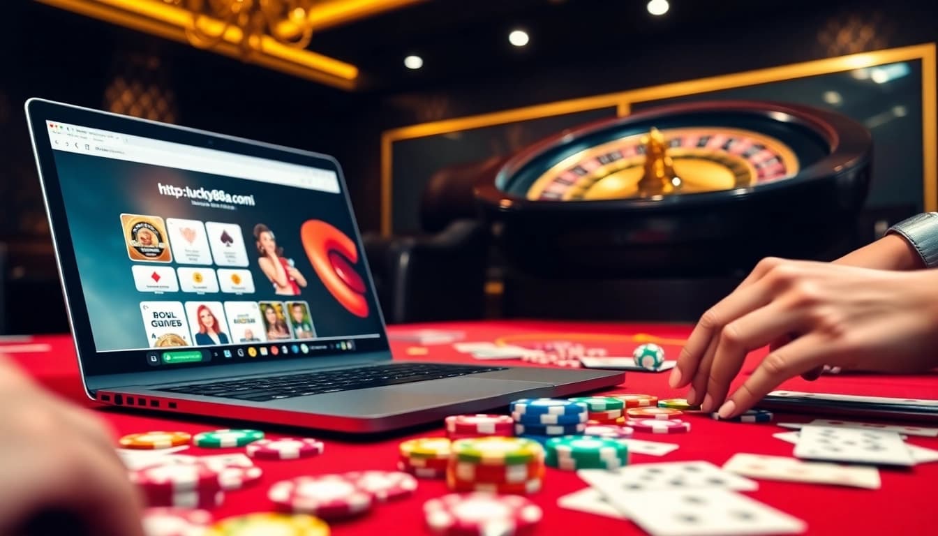 Exciting online gambling scene at https://lucky88da.com/ featuring table games, poker chips, and interactive elements.