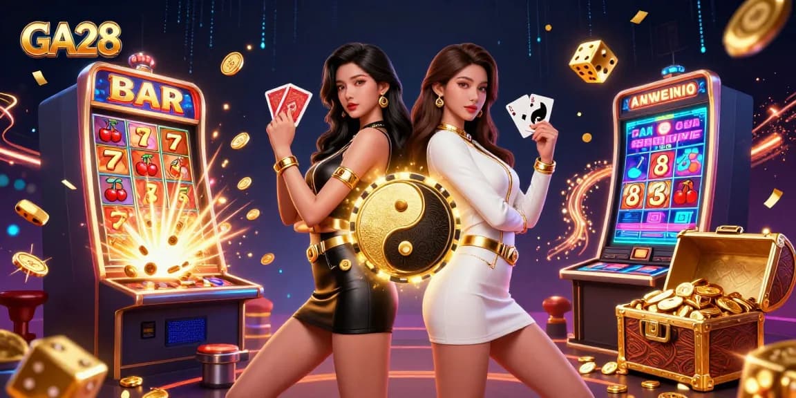 Win big with GA28 as stunning Asian women hold playing cards among casino elements.