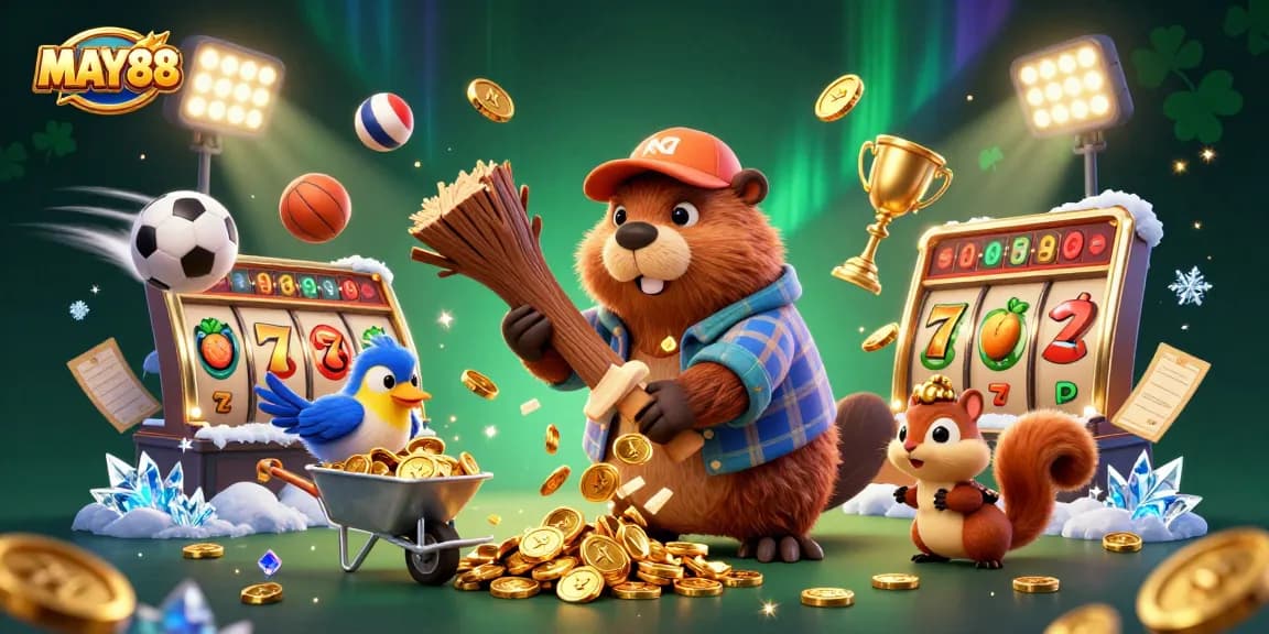 MAY88 brings excitement with cartoon characters collecting coins in a vibrant casino scene.