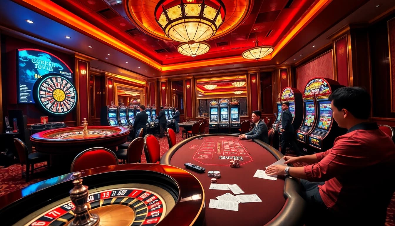 The thrill of 98win bet displayed in a vibrant casino with a roulette wheel and engaged players.