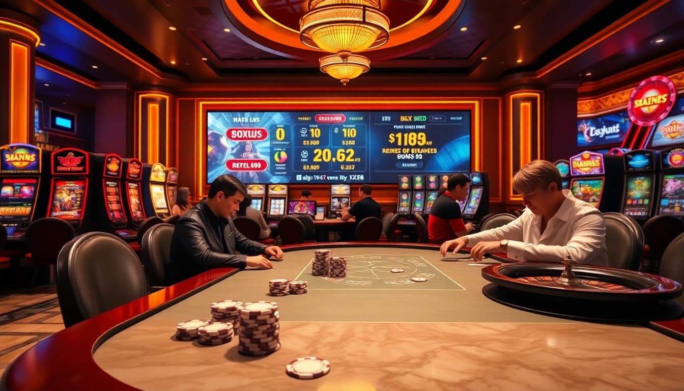 Exciting gameplay at https://xx88.day/ featuring poker chips and vibrant slot machines in a casino atmosphere.
