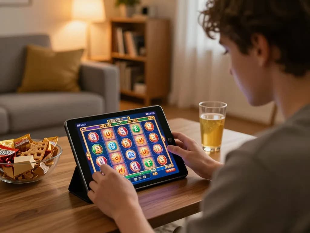 Engaging in exciting online slots gameplay at home with bl555 on the tablet screen.