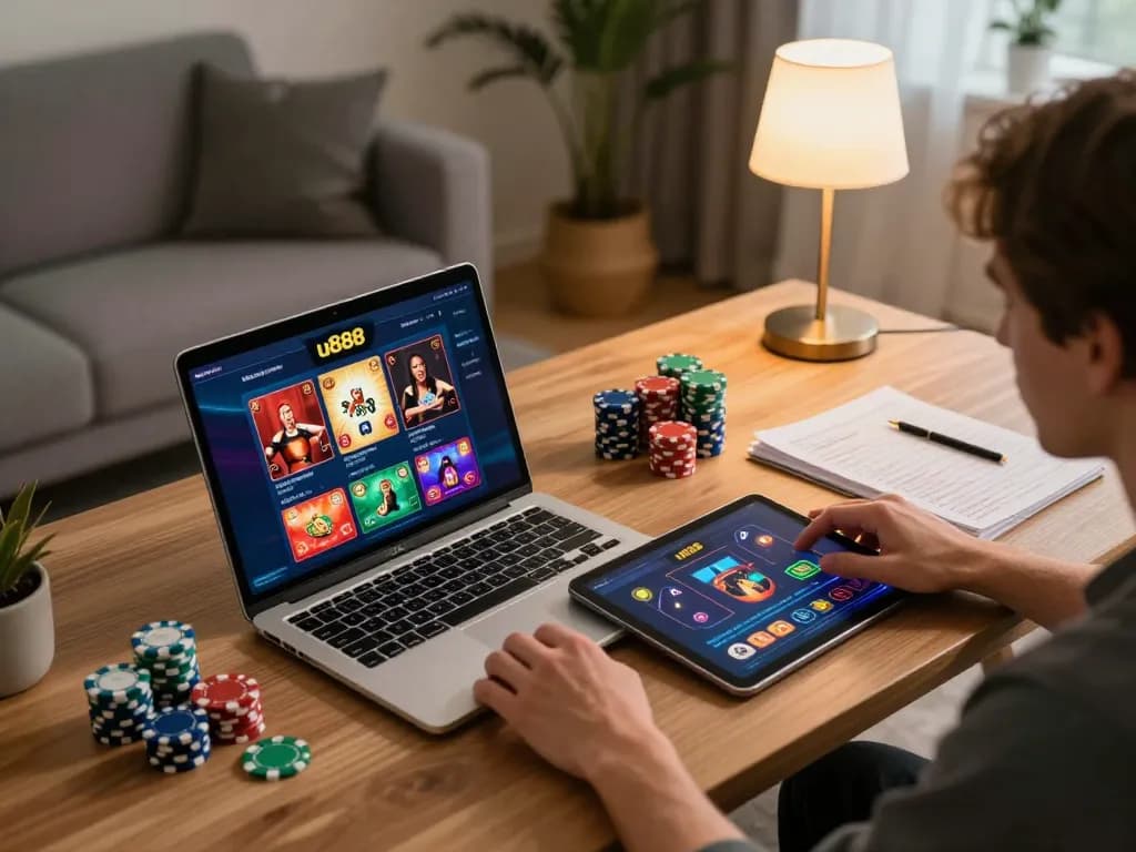 Engaged player enjoying u888 casino games on a stylish laptop at home.