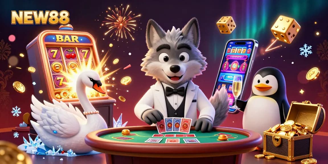 Experience the excitement of NEW88 with our dynamic casino illustration featuring luxurious gaming elements.