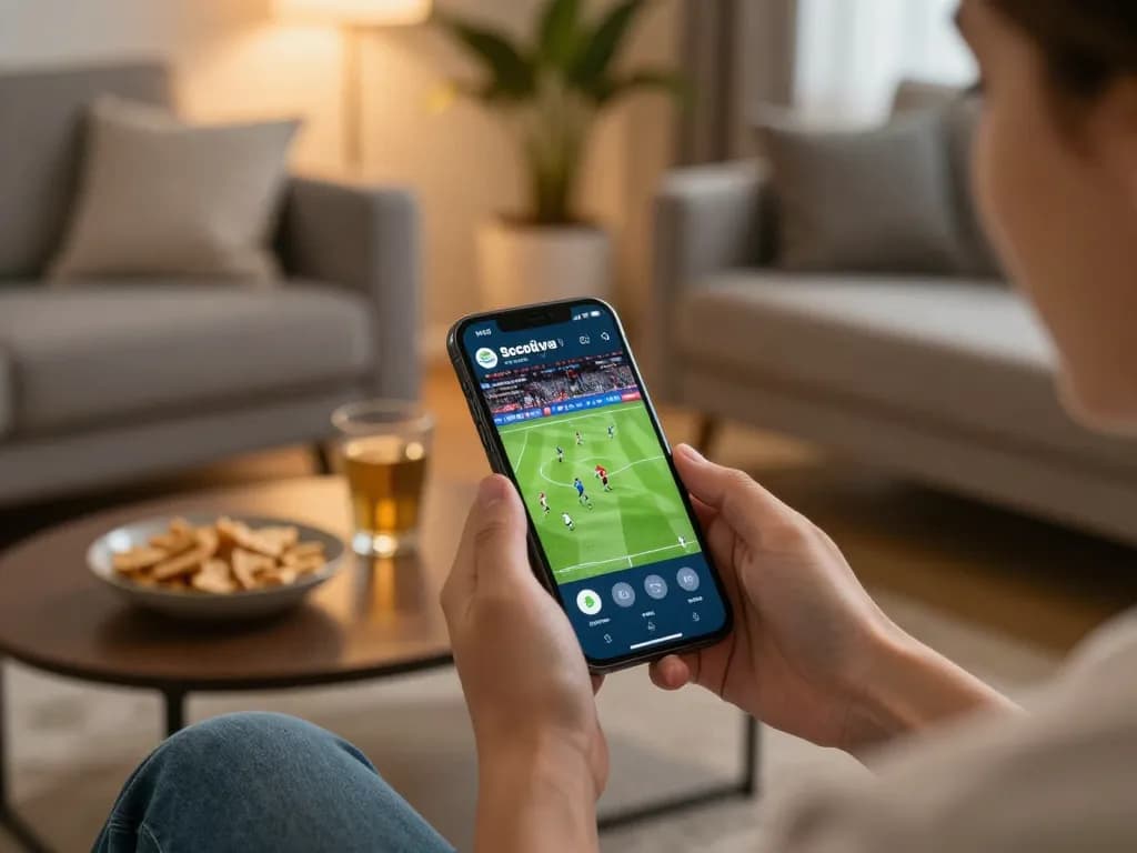 Socolive streaming football action on mobile in a cozy living room setting