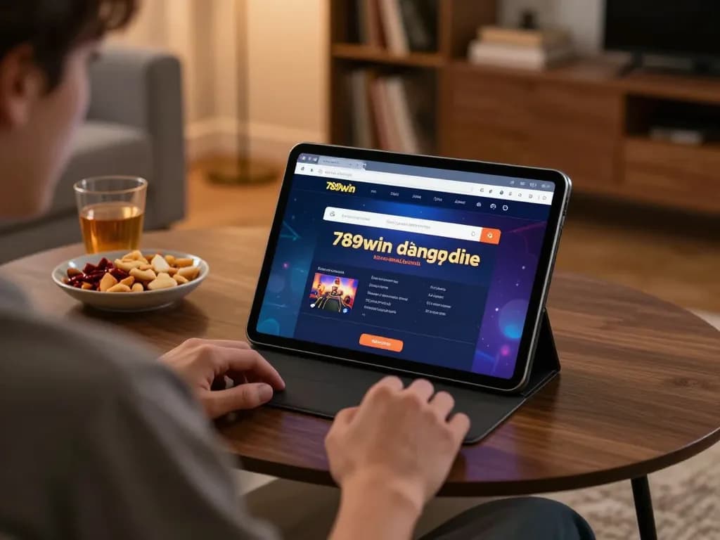 Engaging in online gaming through 789win đăng nhập on a tablet in a cozy home setting.