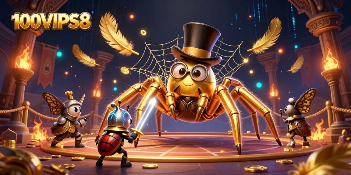 Experience exciting gaming with 100VIPS8 as the golden tarantula weaves its luck in a vibrant casino scene.