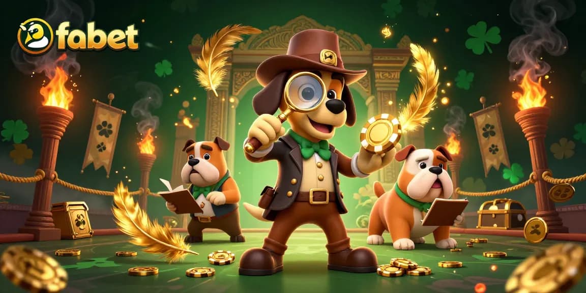 Fabet engages players with a treasure investigation scene featuring a detective and a bulldog, surrounded by dynamic casino elements.