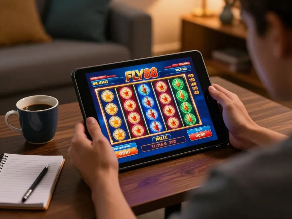 Engaging with FLY88 online slots in a cozy home environment.