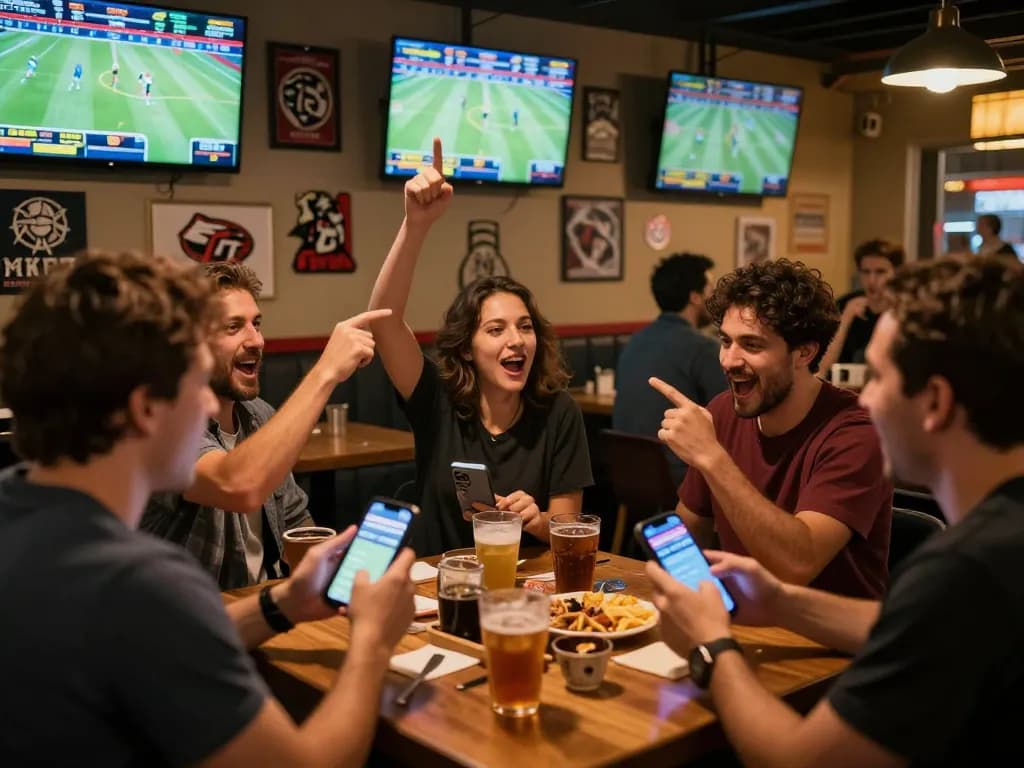 Experience the thrill of sports betting with 33WIN in a lively lounge filled with excited fans.