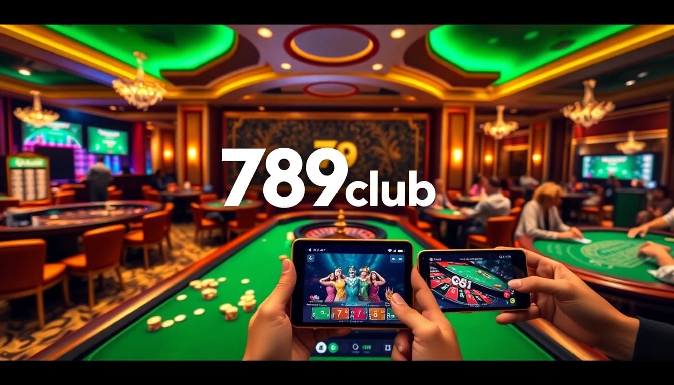 Immerse in the thrilling experience of 789club, featuring vibrant casino tables, poker chips, and digital interfaces.