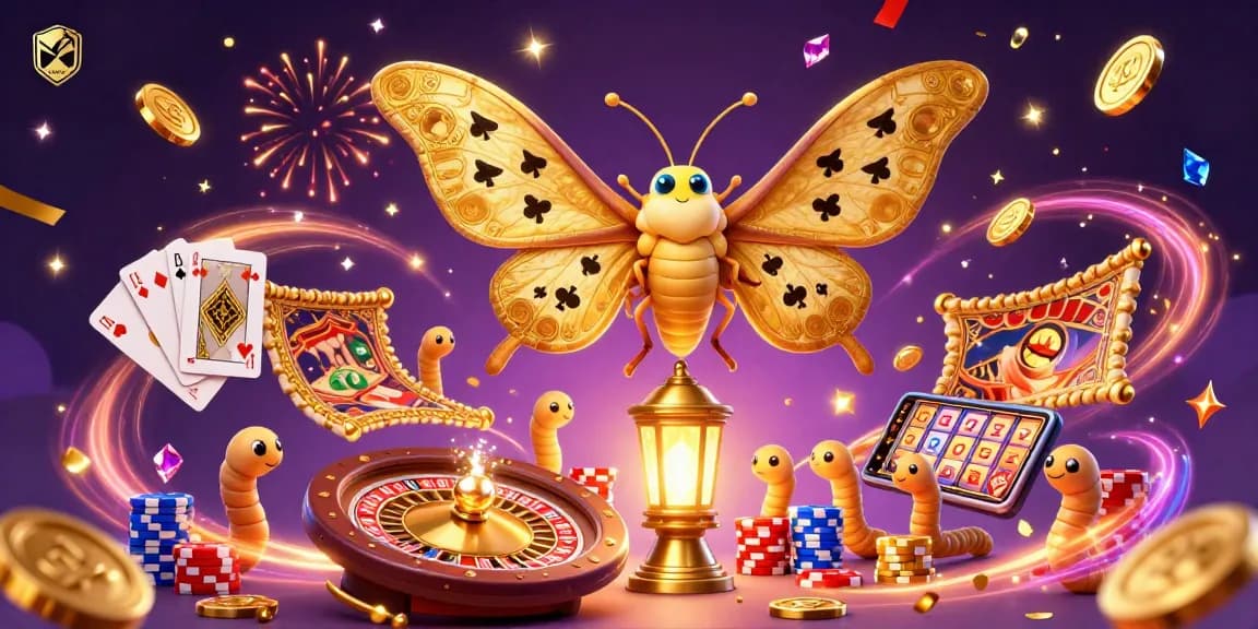 Experience thrilling gaming at hubet with a vibrant 3D illustration of a casino scene featuring an atlas moth and golden elements.