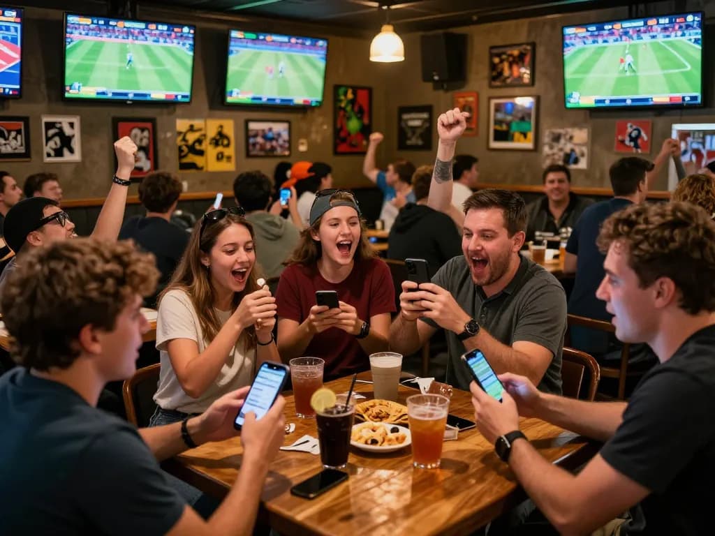 Engaged sports bettors using their smartphones for kèo nhà cái at a lively sports bar.