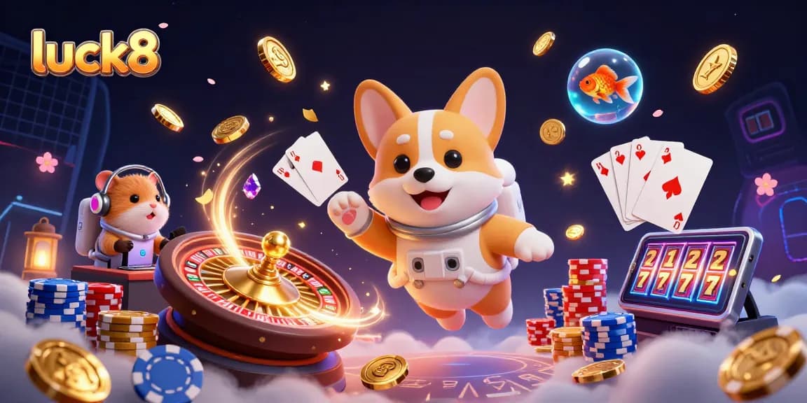 Experience luck8 in a vibrant casino scene with a playful corgi and sparkling winnings.