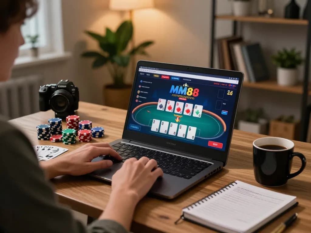Engaging in online poker with MM88 on a laptop in a cozy home setting, showcasing strategy and game interface.