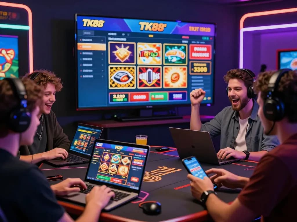 Players enjoying a lively atmosphere at TK88 online casino, engaging in diverse games and celebrating wins.