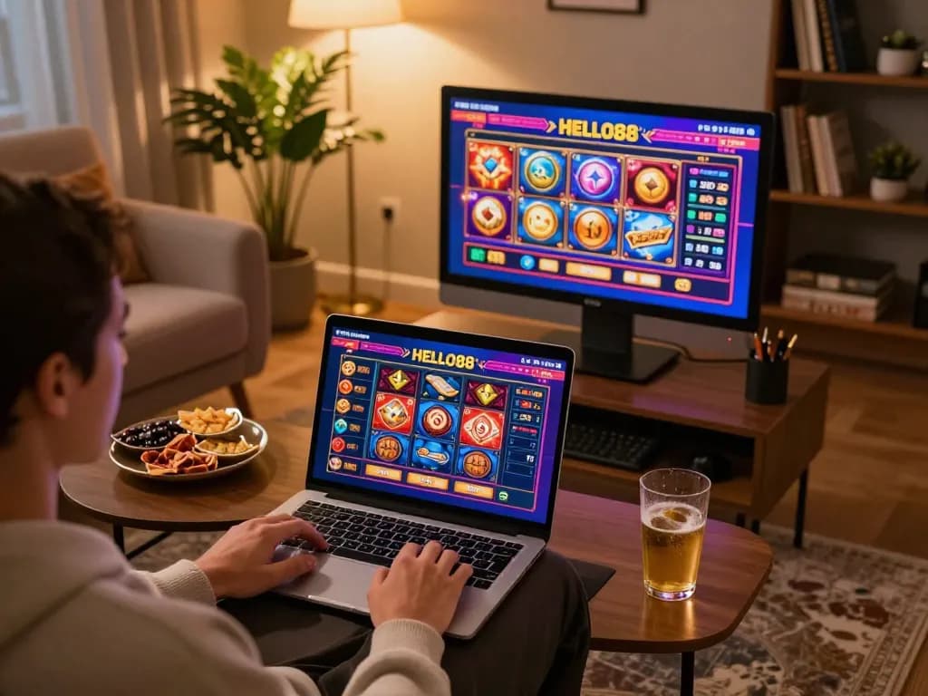 Players engaging with HELLO88 online casino interface on a laptop in a cozy home environment.