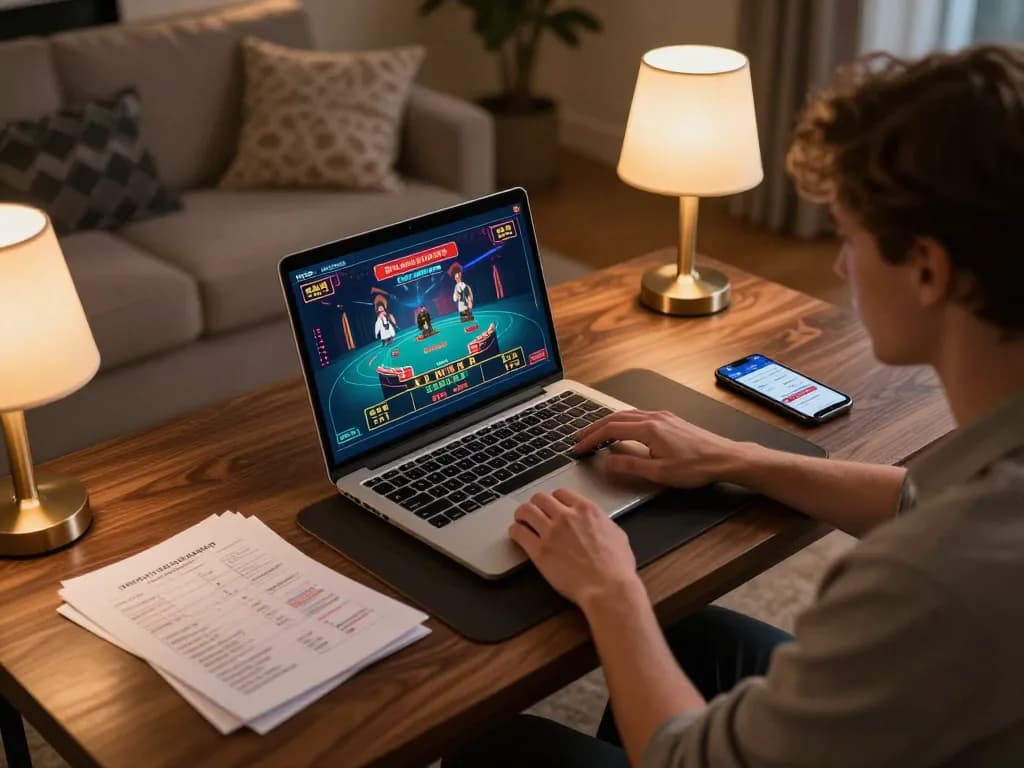 Engaging with Net88 live dealer game on laptop at stylish home setup, showcasing responsible gaming.