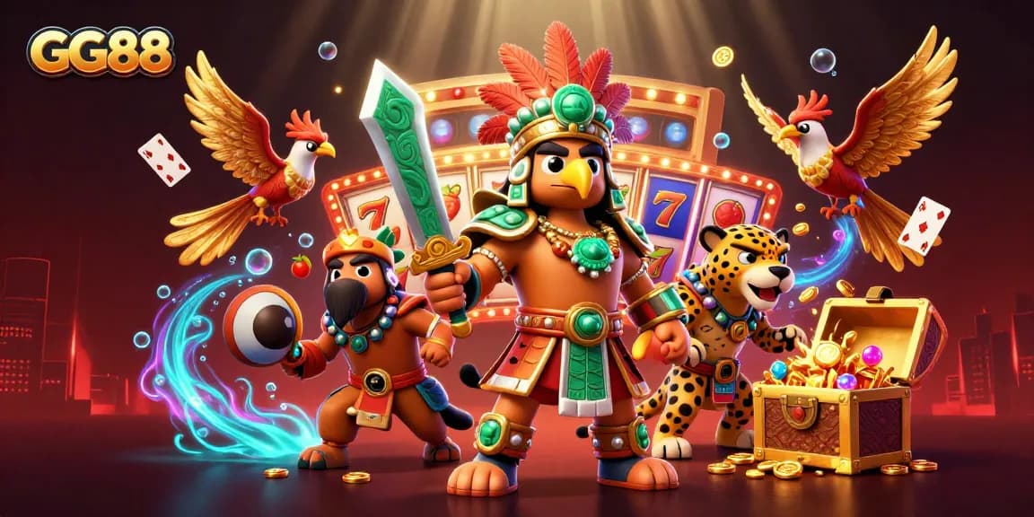 Spin the reels and win with GG88 in this vibrant casino-themed 3D illustration.