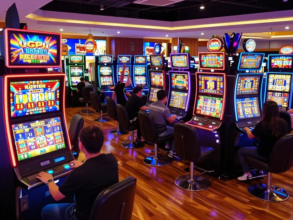 Players enjoying the thrilling Lucky 88 slot machines, celebrating their wins in a vibrant casino atmosphere