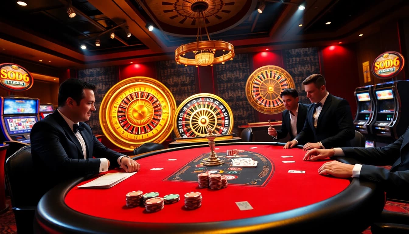 SODO66 players engage in an exciting casino experience at a luxurious poker table.