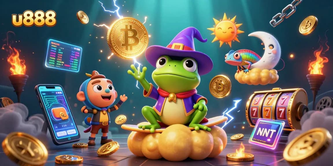 Join the excitement with u888 at this vibrant casino scene featuring characters and golden coins.