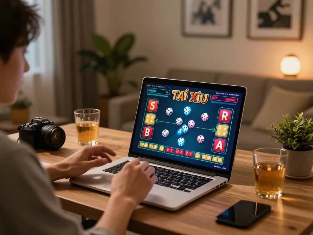 Tài Xỉu Sunwin gameplay on a laptop in a cozy home setting showing a player making strategic bets.