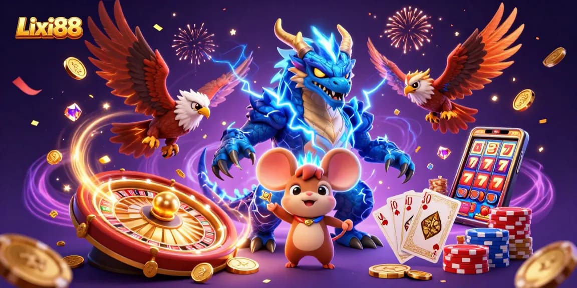 Lixi88 unleashes an electrifying gaming experience with vibrant characters and casino elements.