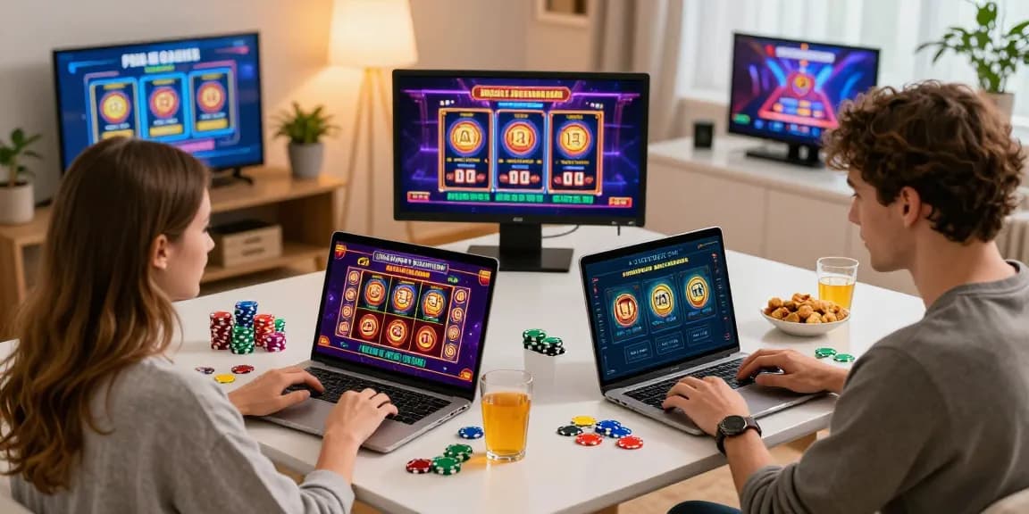 Exciting gaming experience at credit card casinos at jumpspace.org.uk, showcasing players enjoying diverse online games in a vibrant home setting.