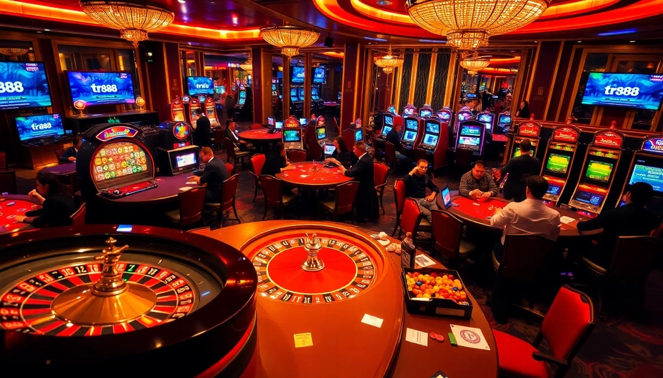 Experience the thrill of tr88 gambling with vibrant casino visuals featuring roulette, slots, and poker tables.