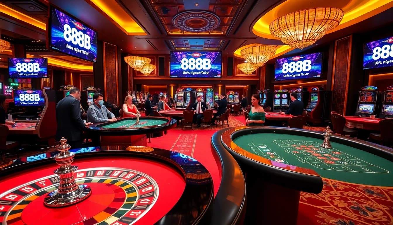 Players engaging at a luxurious casino table at nhà cái 888b, highlighting excitement and professional gaming.
