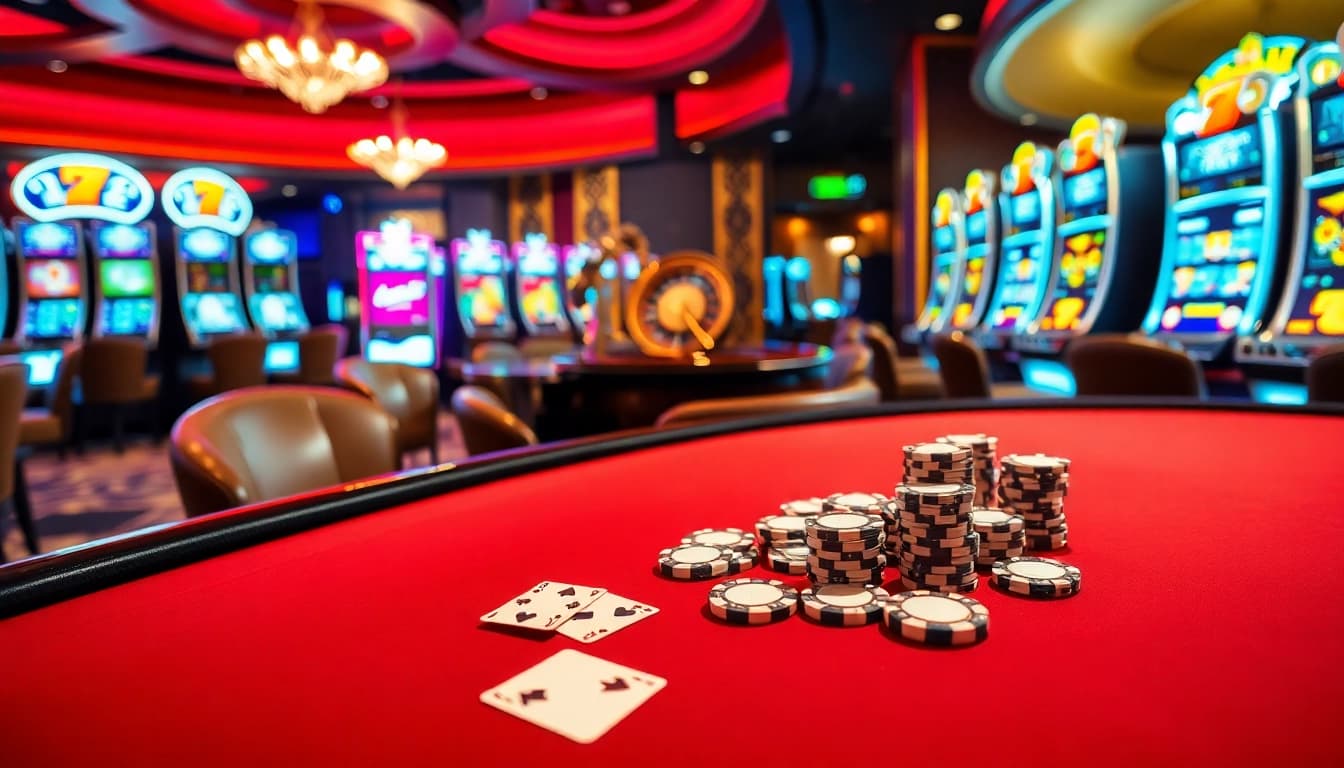 Engage with top nhà cái activities at an upscale casino featuring poker chips, cards, and roulette.