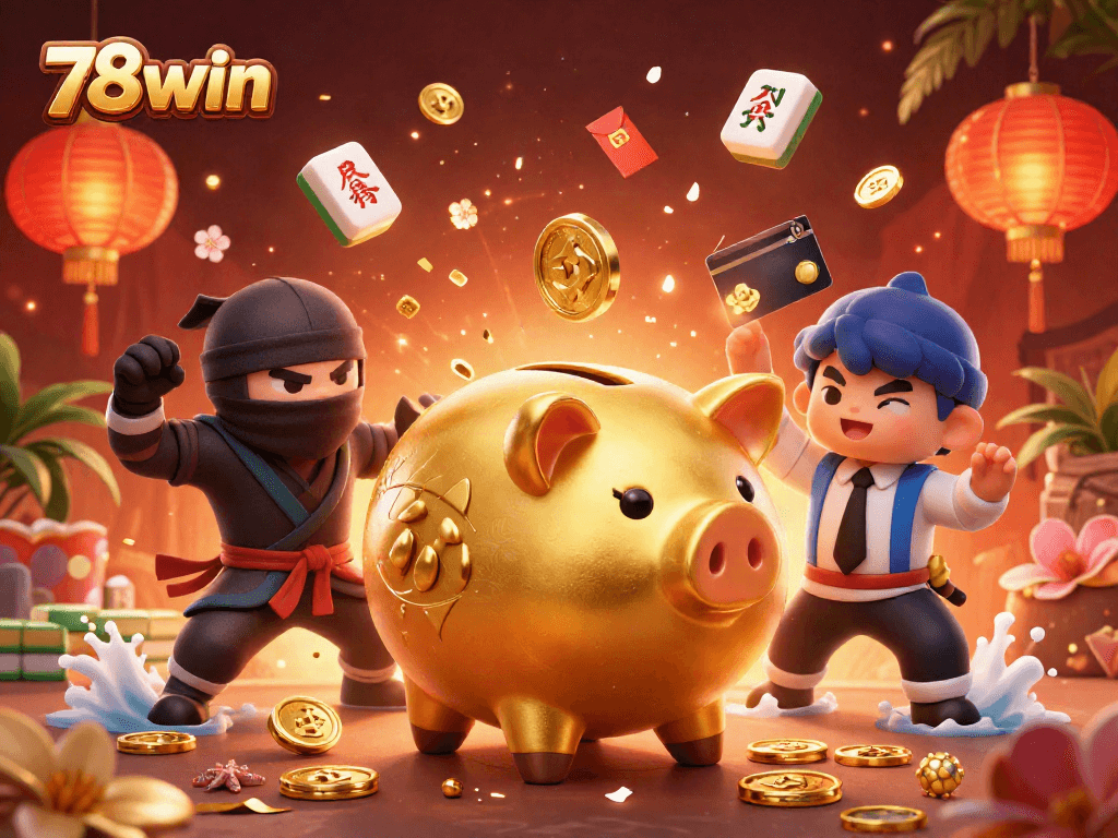 Join the fun at 78win as golden coins fall from a sumo wrestler during a vibrant casino scene.