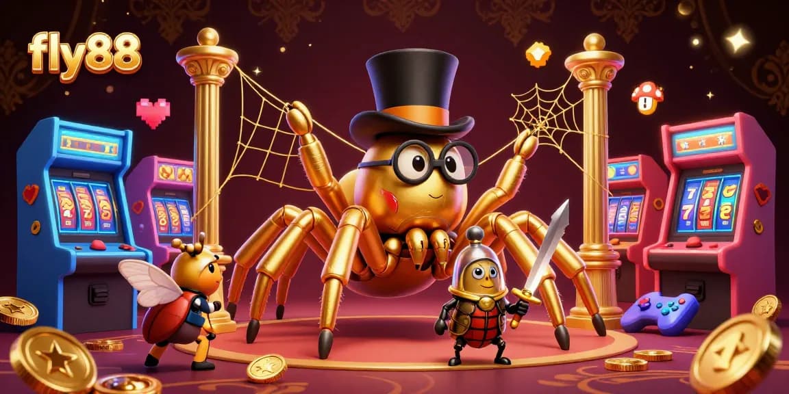 Engage with fly88's colorful casino adventure featuring a golden tarantula and beetle knight in an immersive 3D game scene.
