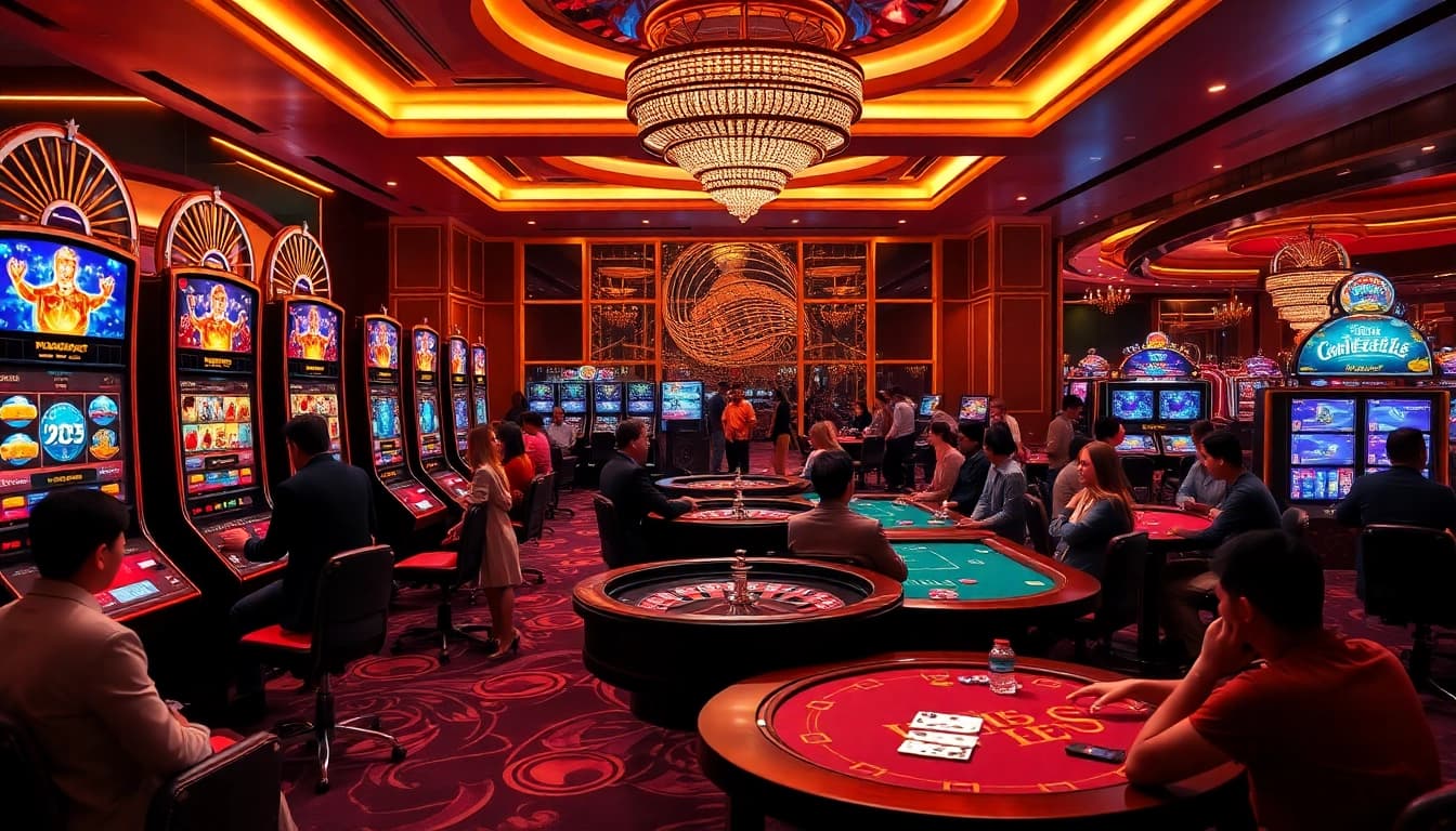 Experience the excitement of gambling at trang chủ NK88 with vibrant casino visuals featuring engaged players and modern gaming interfaces.