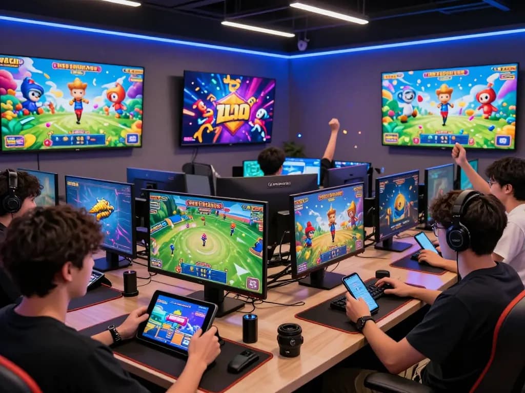 Hitclub gaming experience with friends enjoying diverse games on modern devices in a vibrant atmosphere.